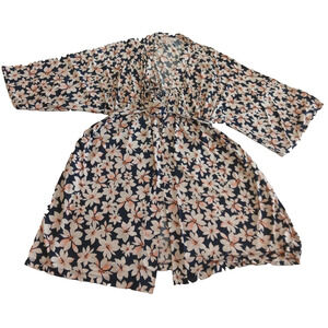 Oscar de la Renta Robe Women's S/M Navy Blue Floral Short Kimono Gown Vintage